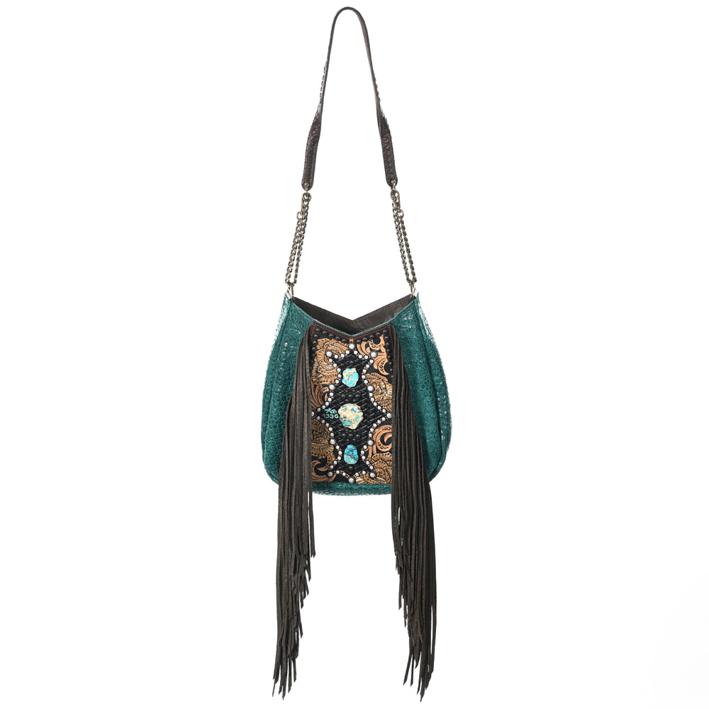 Teal Heritage Brand lyrik bag #1336 with fringe and embellished patterns.