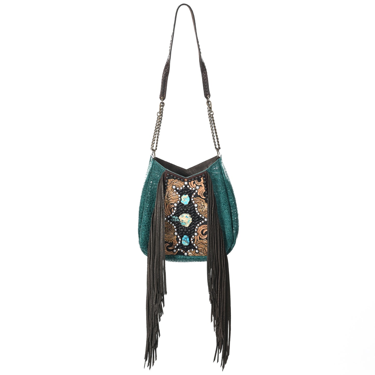 
                  
                    Teal Heritage Brand lyrik bag #1336 with fringe and embellished patterns.
                  
                