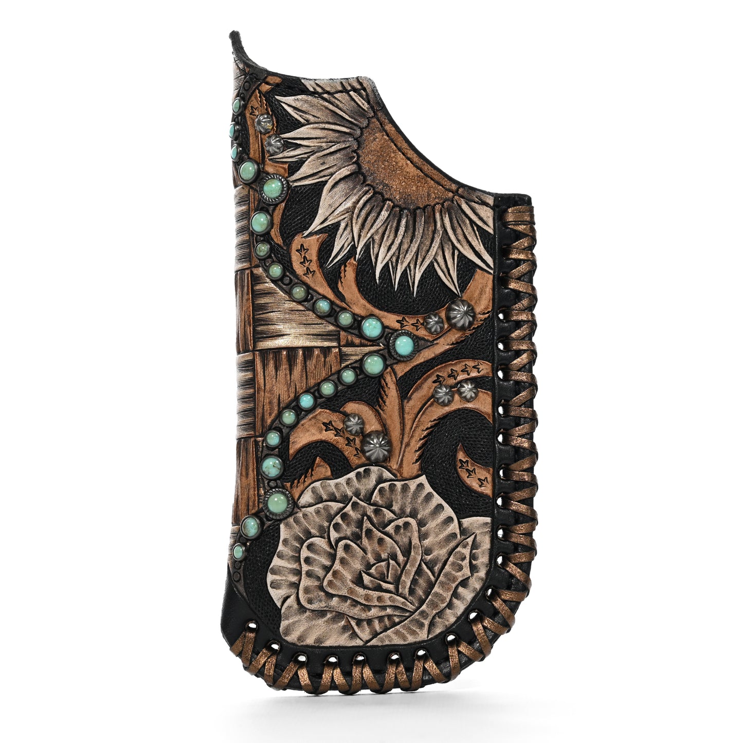 Decorative leather holster with floral and fauna embossing, adorned with turquoise accents, the Heritage Brand Shayde Case #164.
