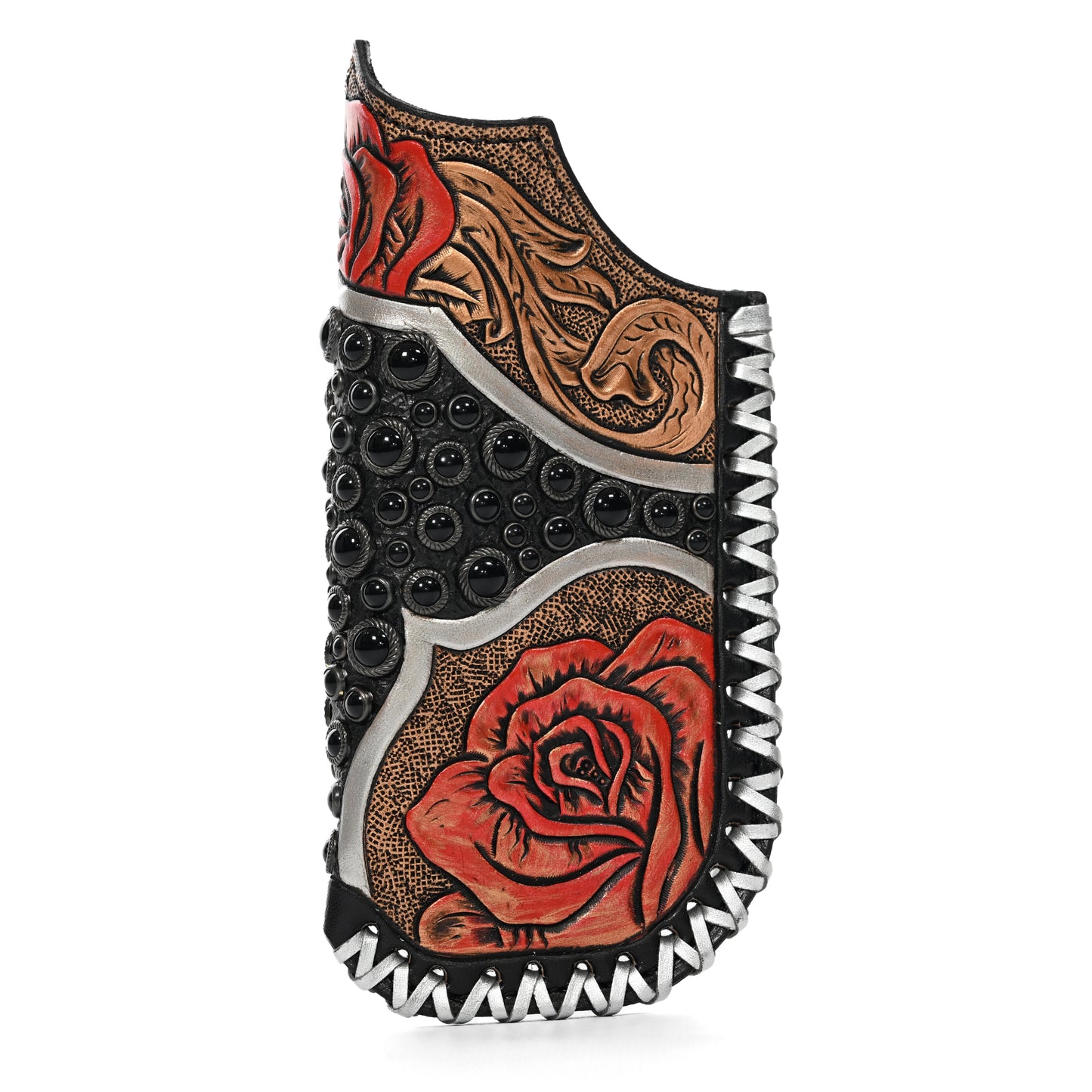 Decorative shoe with rose and flame designs and studded black embellishments - Heritage Brand Shayde Case #159