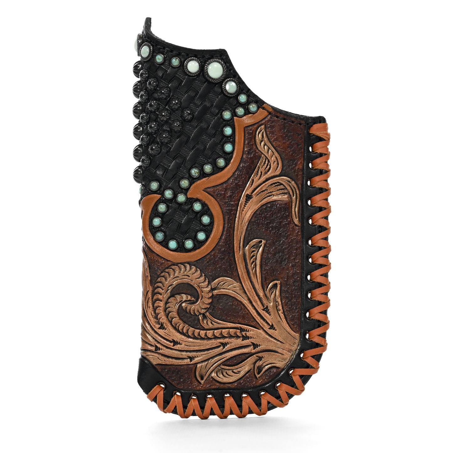 Embellished leather glasses case with floral patterns and studded accents, isolated on a white background.