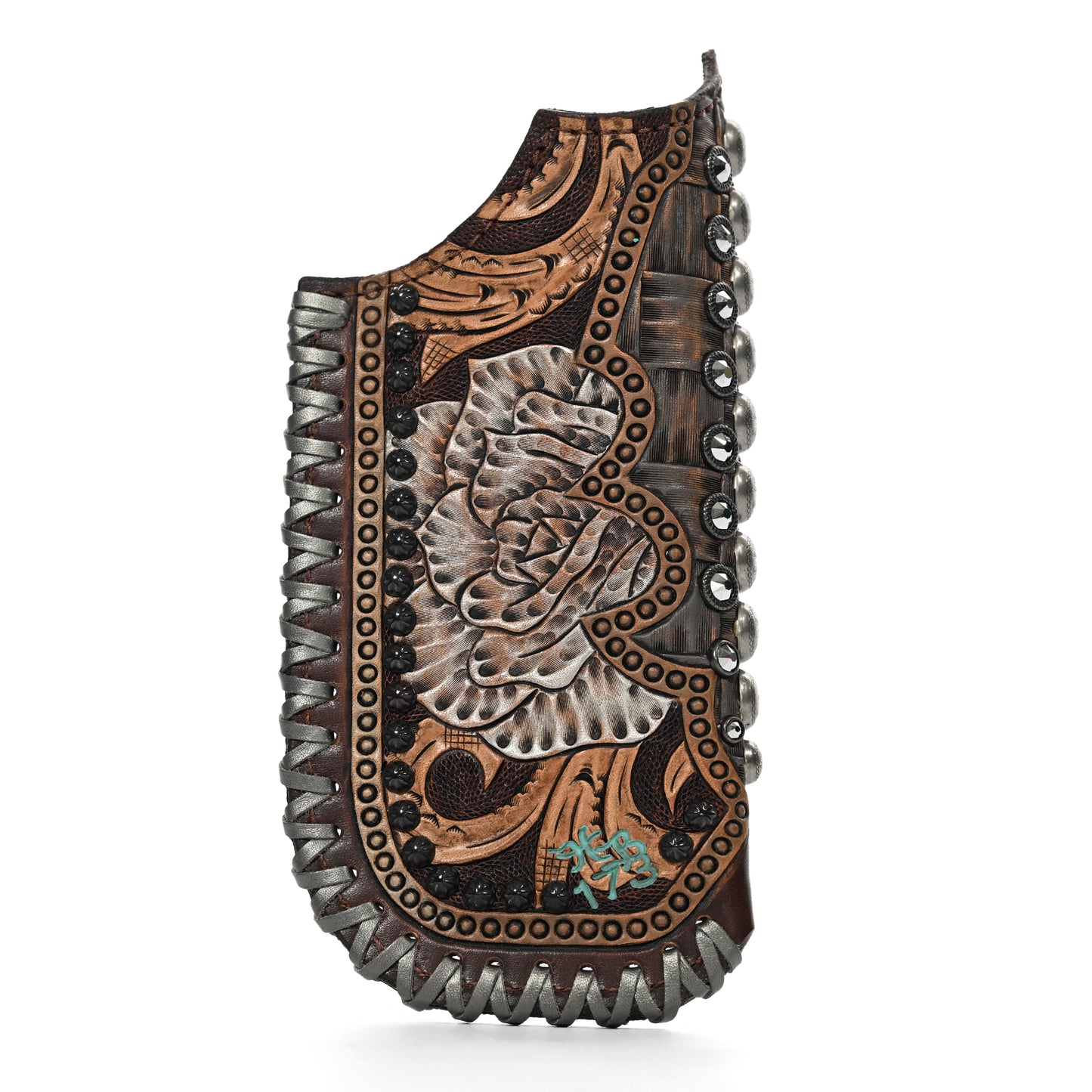 Detailed Shayde case #173 with decorative stitching and metal accents, isolated on a white background, by Heritage Brand.