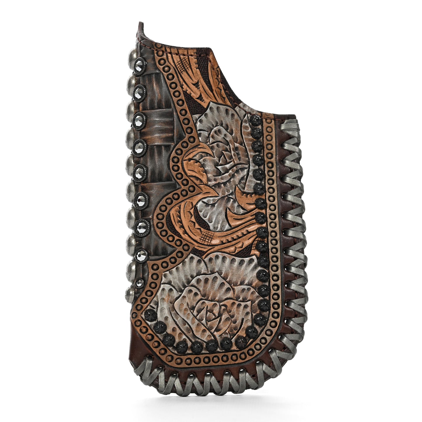Decorative leather glasses case with embossed floral patterns and metal studs on a white background by Heritage Brand's Shayde Case #173.