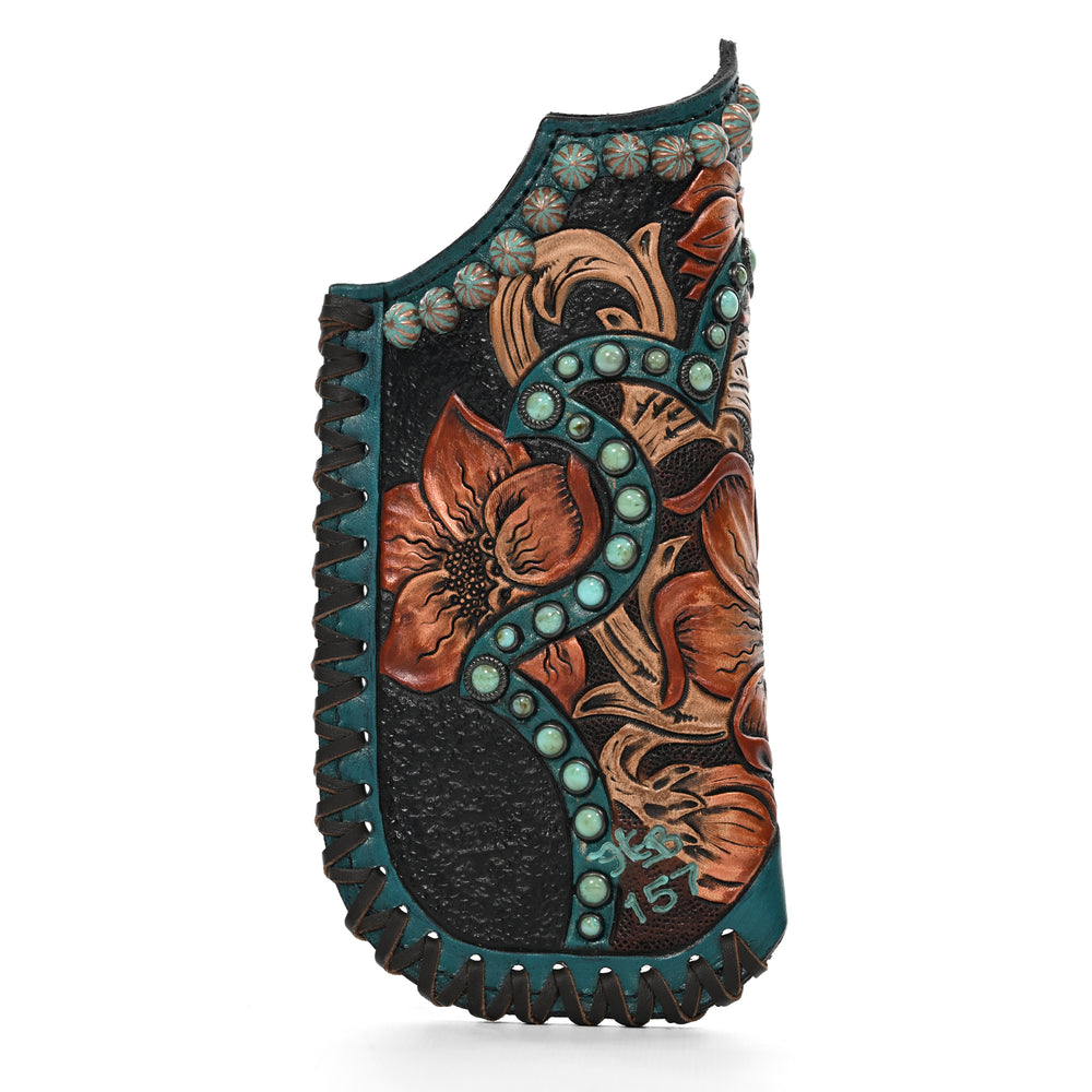 Heritage Brand Shayde Case #157 with floral design and turquoise inlay.