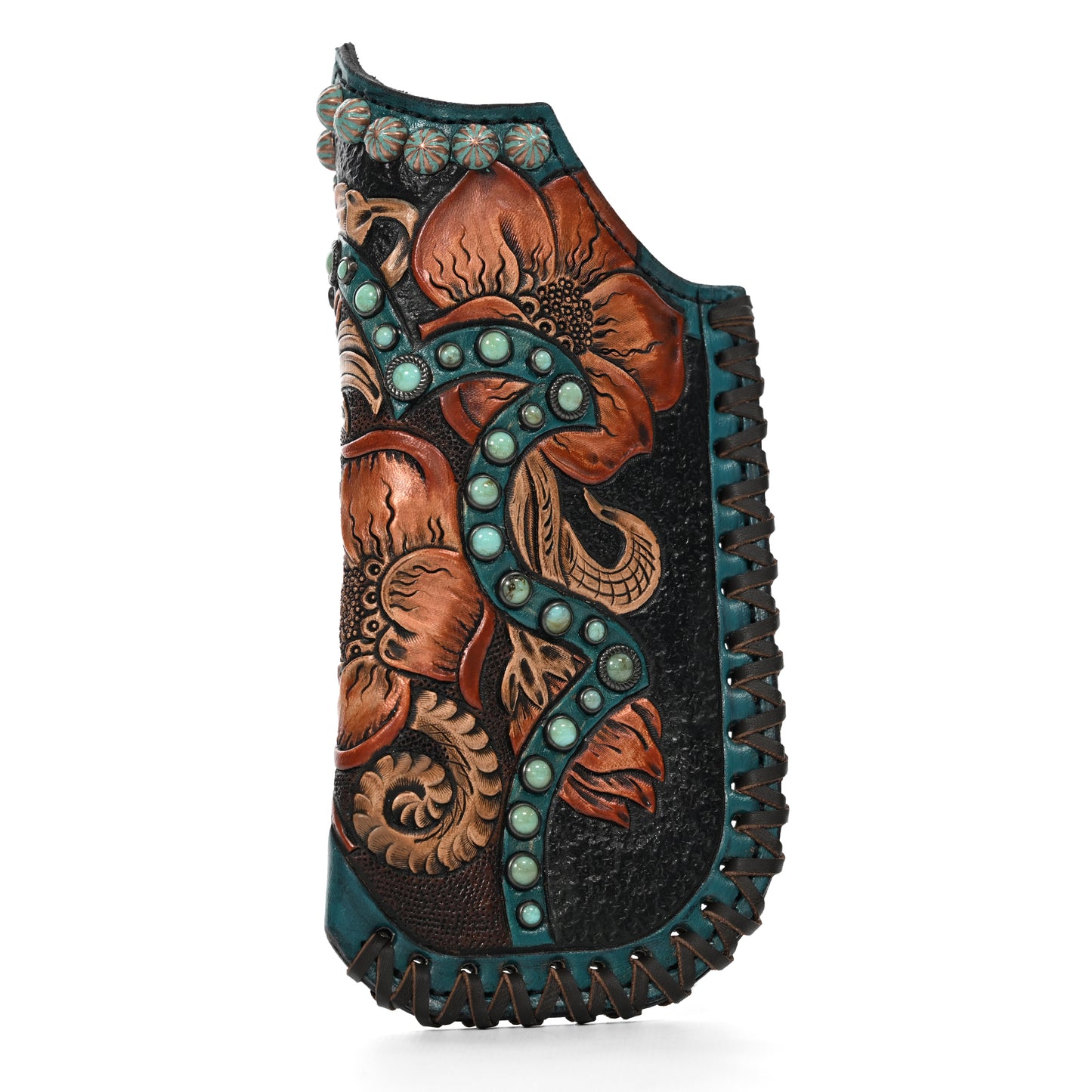
                  
                    Ornately tooled leather shayde case #157 with a floral and tentacle design by Heritage Brand.
                  
                
