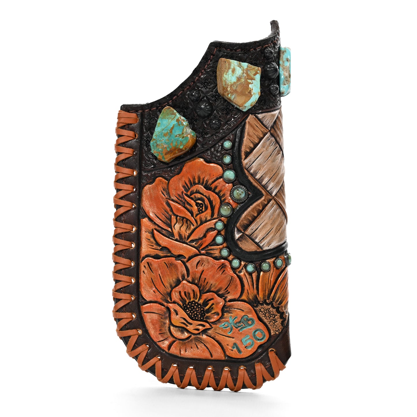 Heritage Brand Shayde Case #150 hand-tooled leather holster with floral design and turquoise inlay.