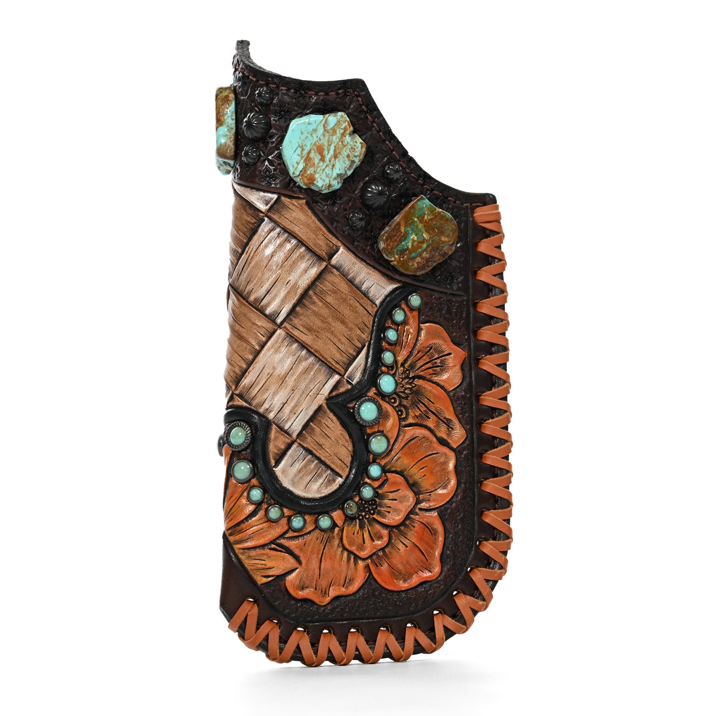 Ornately decorated Shayde Case #150 with turquoise inlay and floral embossing on a white background by Heritage Brand.
