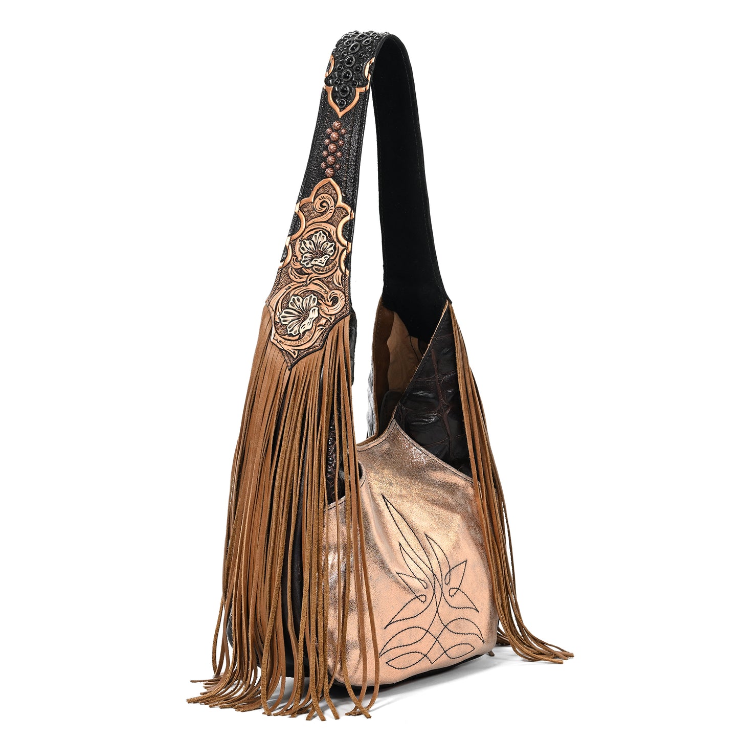 
                  
                    American west-style Heritage Brand marilyn bag #5122 with fringe and embossed designs on a white background.
                  
                