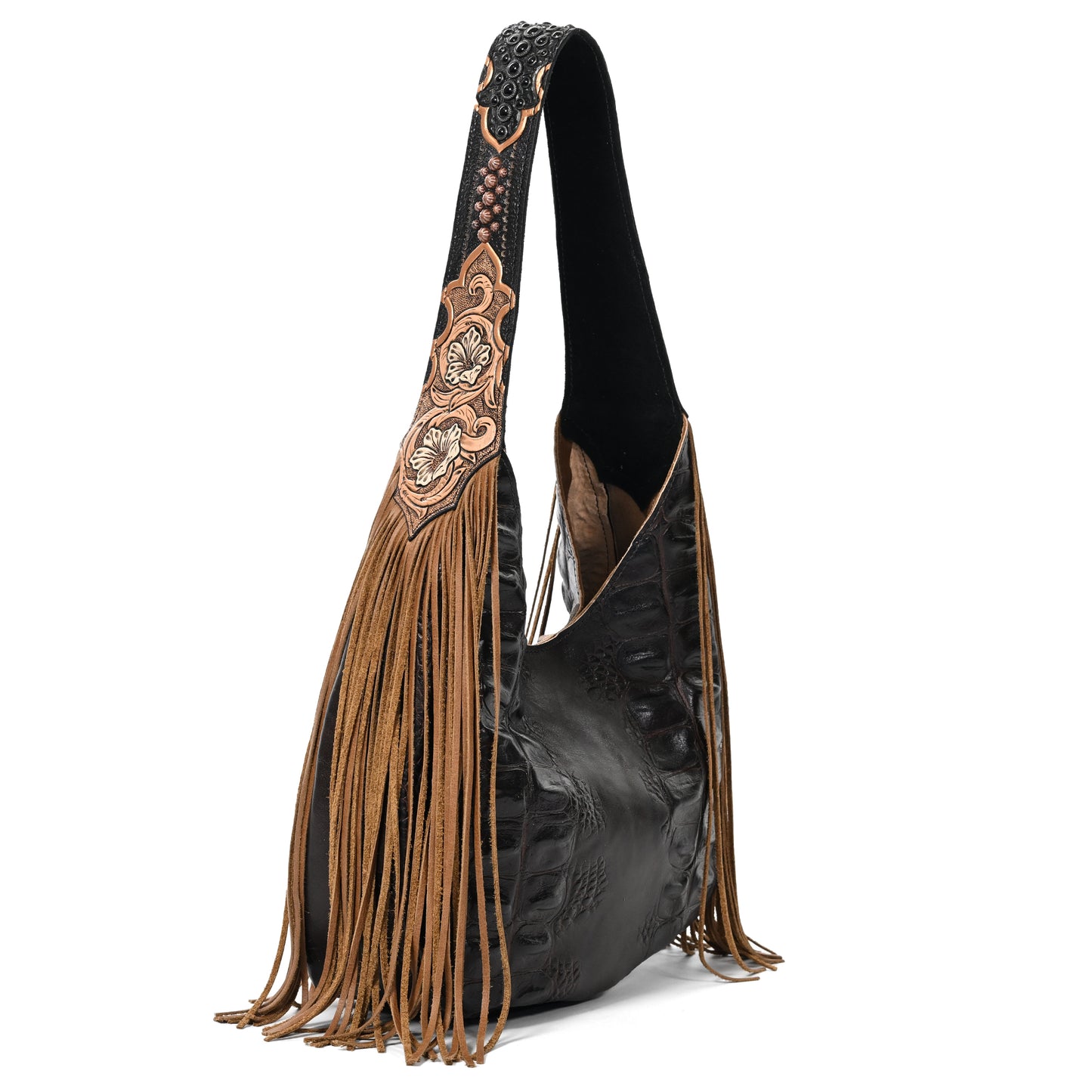 
                  
                    Marilyn bag #5122 by Heritage Brand with brown fringed detailing and floral embossing on the strap.
                  
                