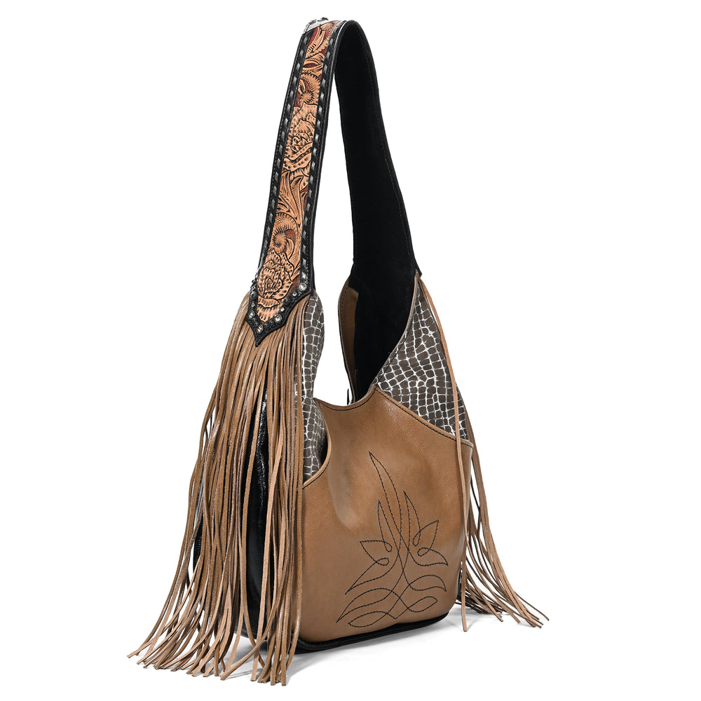 
                  
                    Marilyn bag #5144 by Heritage Brand with fringe details and hand-tooled strap against a white background.
                  
                
