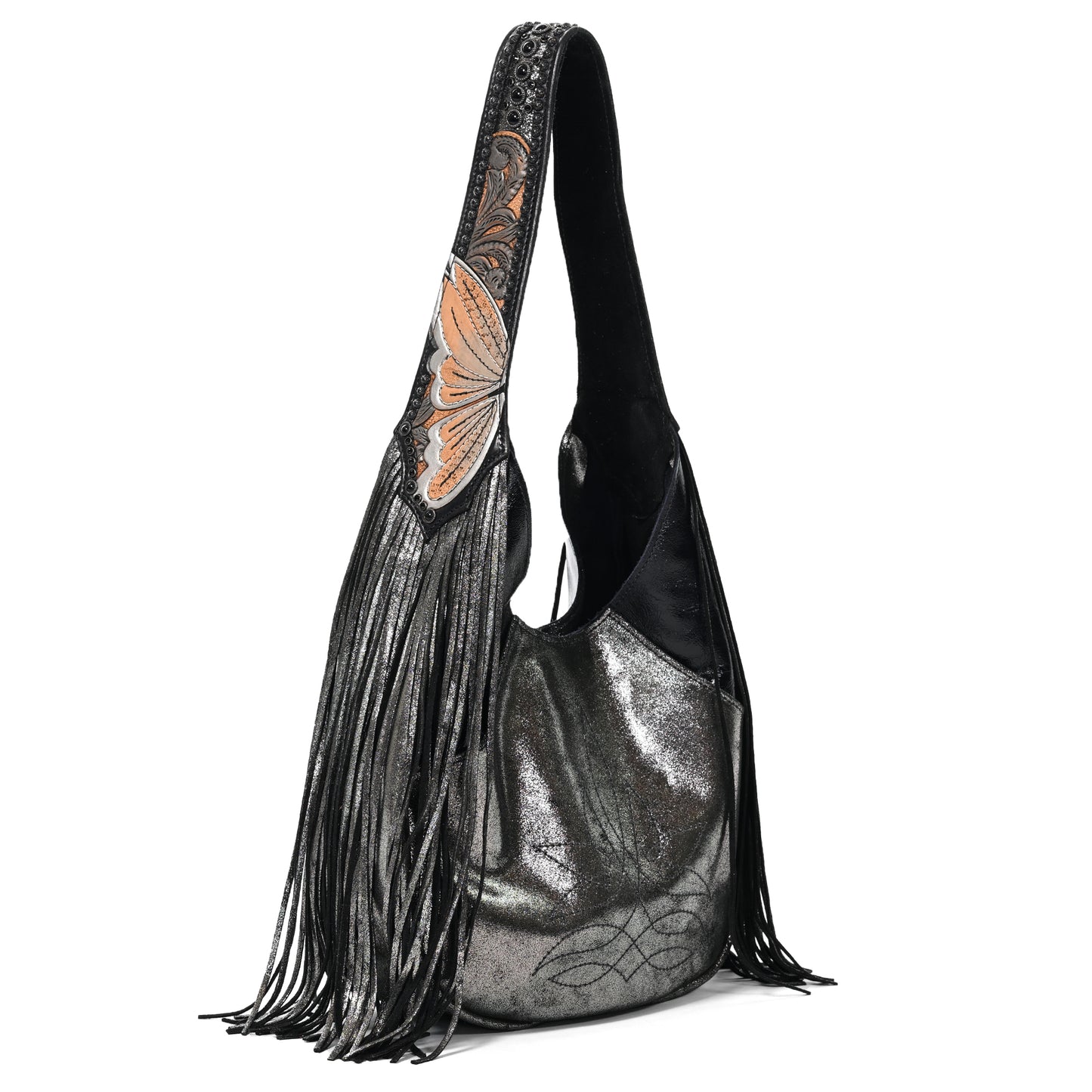 
                  
                    A silver metallic Marilyn bag #5127 with black fringe and an embellished strap by Heritage Brand.
                  
                