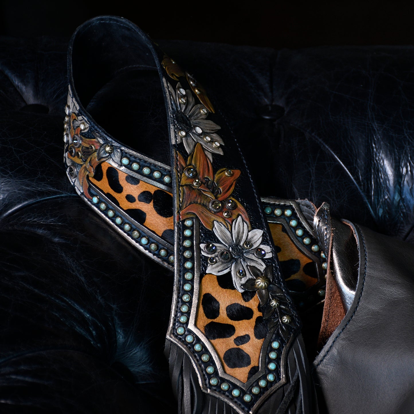 
                  
                    Embellished Heritage Brand marilyn bag #2834 with floral and animal print designs on a dark background.
                  
                